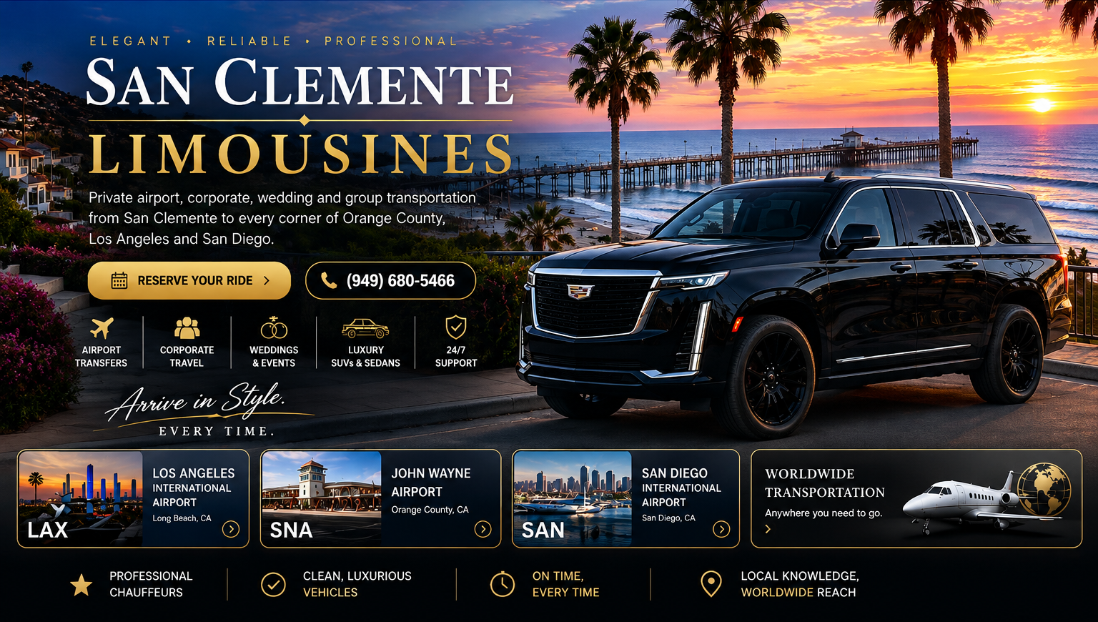 Black Cadillac Escalade beside San Clemente Pier at sunset